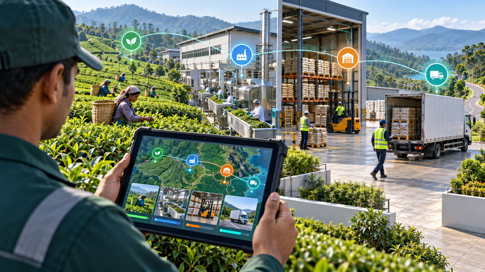 Connected plantation, factory, warehouse and delivery operations