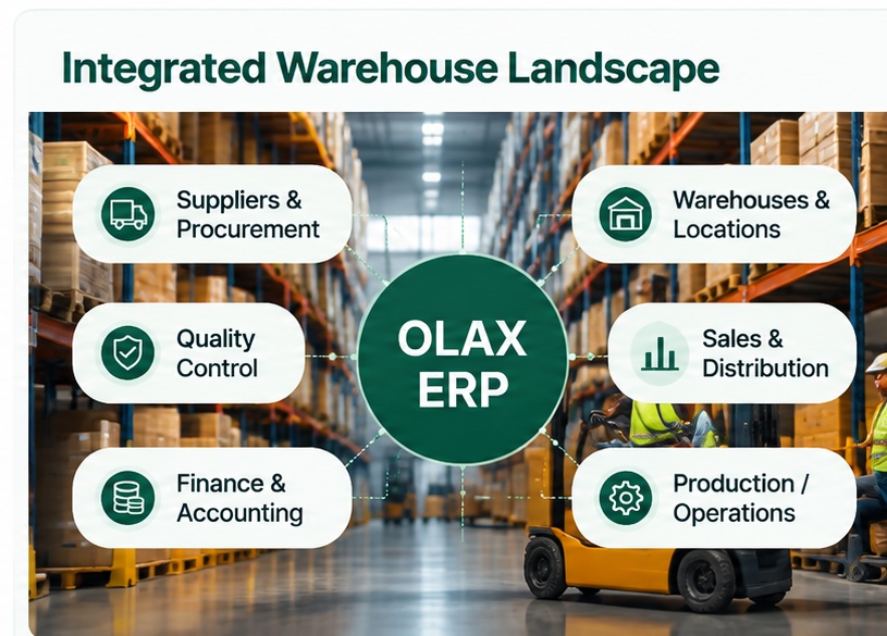 Integrated Warehouse Landscape showing OLAX ERP connected with suppliers and procurement, quality control, finance and accounting, warehouses and locations, sales and distribution, and production operations